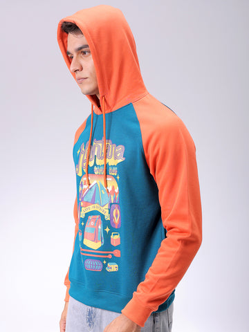 Men's Green Regular Fit Placement Printed Overhead-Hooded Sweatshirt