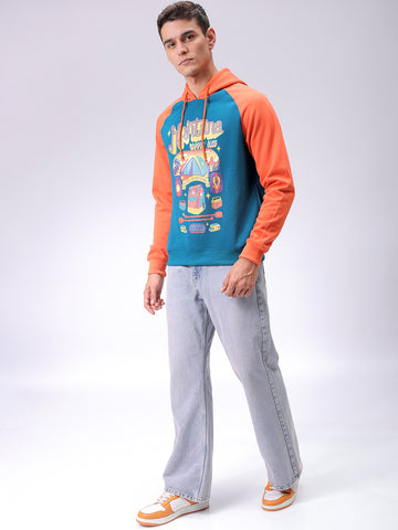 Men's Green Regular Fit Placement Printed Overhead-Hooded Sweatshirt