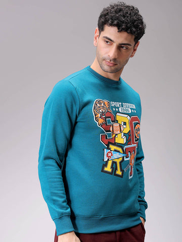 Men's Green Regular Fit Placement Printed Overhead-Crewneck Sweatshirt