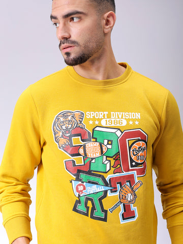 Men's Yellow Regular Fit Placement Printed Overhead-Crewneck Sweatshirt