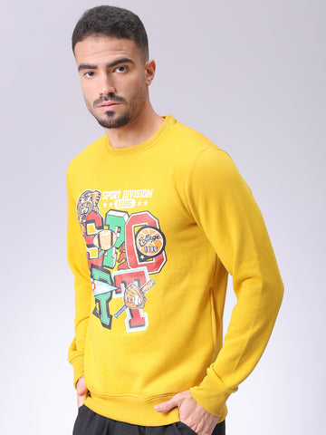 Men's Yellow Regular Fit Placement Printed Overhead-Crewneck Sweatshirt