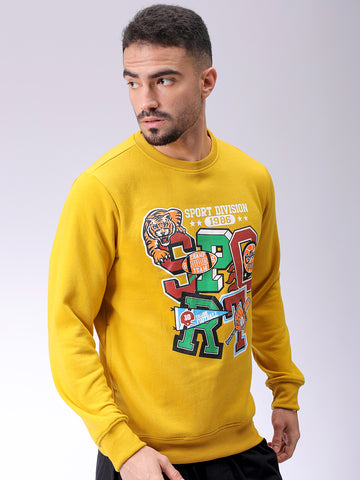 Men's Yellow Regular Fit Placement Printed Overhead-Crewneck Sweatshirt