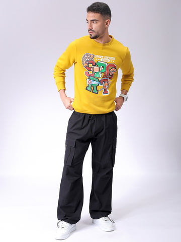 Men's Yellow Regular Fit Placement Printed Overhead-Crewneck Sweatshirt