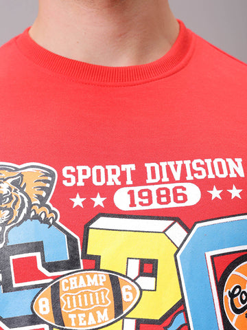 Men's Red Regular Fit Placement Printed Overhead-Crewneck Sweatshirt