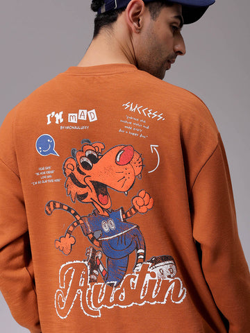 Men's Beige Relaxed Fit Placement Printed Crewneck Sweatshirt
