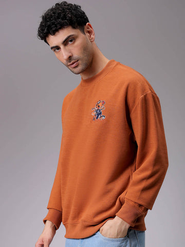 Men's Beige Relaxed Fit Placement Printed Crewneck Sweatshirt