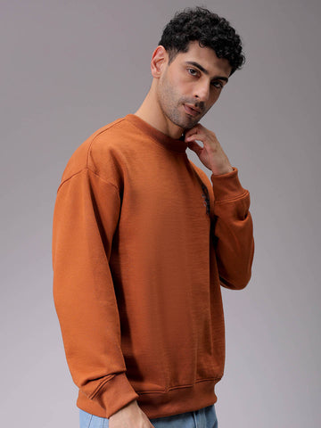 Men's Beige Relaxed Fit Placement Printed Crewneck Sweatshirt
