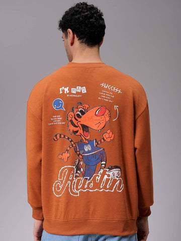 Men's Beige Relaxed Fit Placement Printed Crewneck Sweatshirt