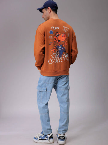Men's Beige Relaxed Fit Placement Printed Crewneck Sweatshirt