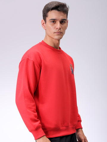 Men's Red Relaxed Fit Back Printed Overhead-Crewneck Sweatshirt