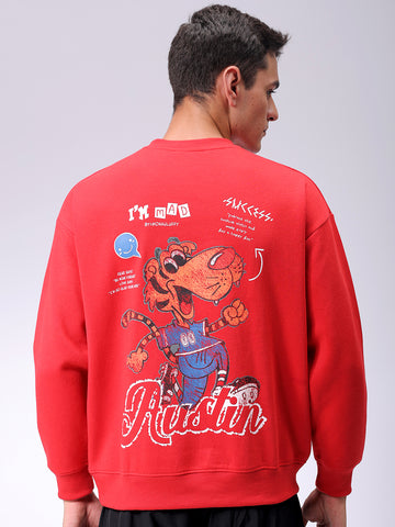 Men's Red Relaxed Fit Back Printed Overhead-Crewneck Sweatshirt