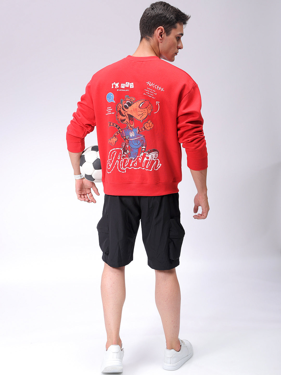 Men's Red Relaxed Fit Back Printed Overhead-Crewneck Sweatshirt