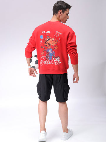 Men's Red Relaxed Fit Back Printed Overhead-Crewneck Sweatshirt