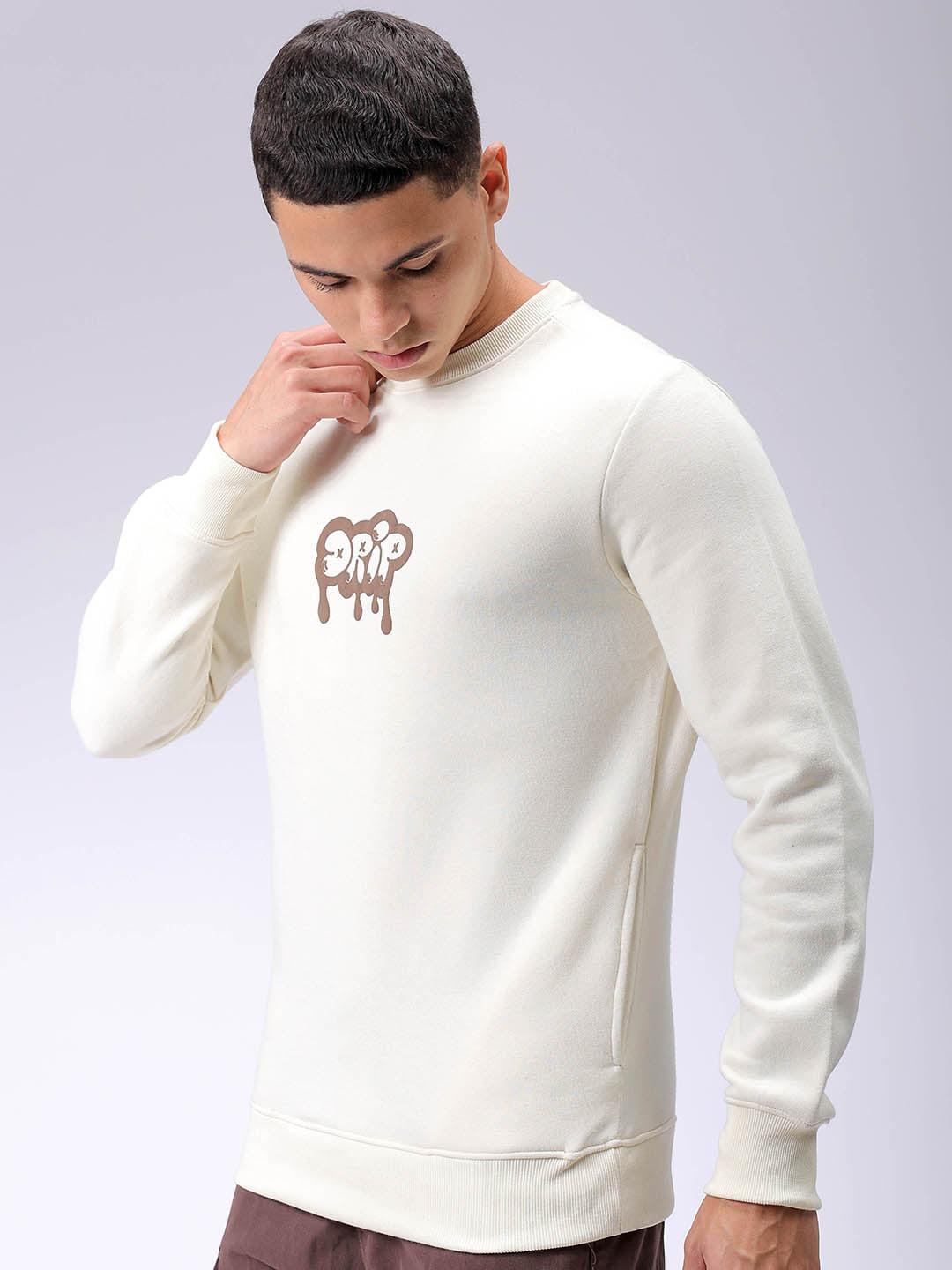 Men's Chalk Regular Fit Back Printed Overhead-Crewneck Sweatshirt