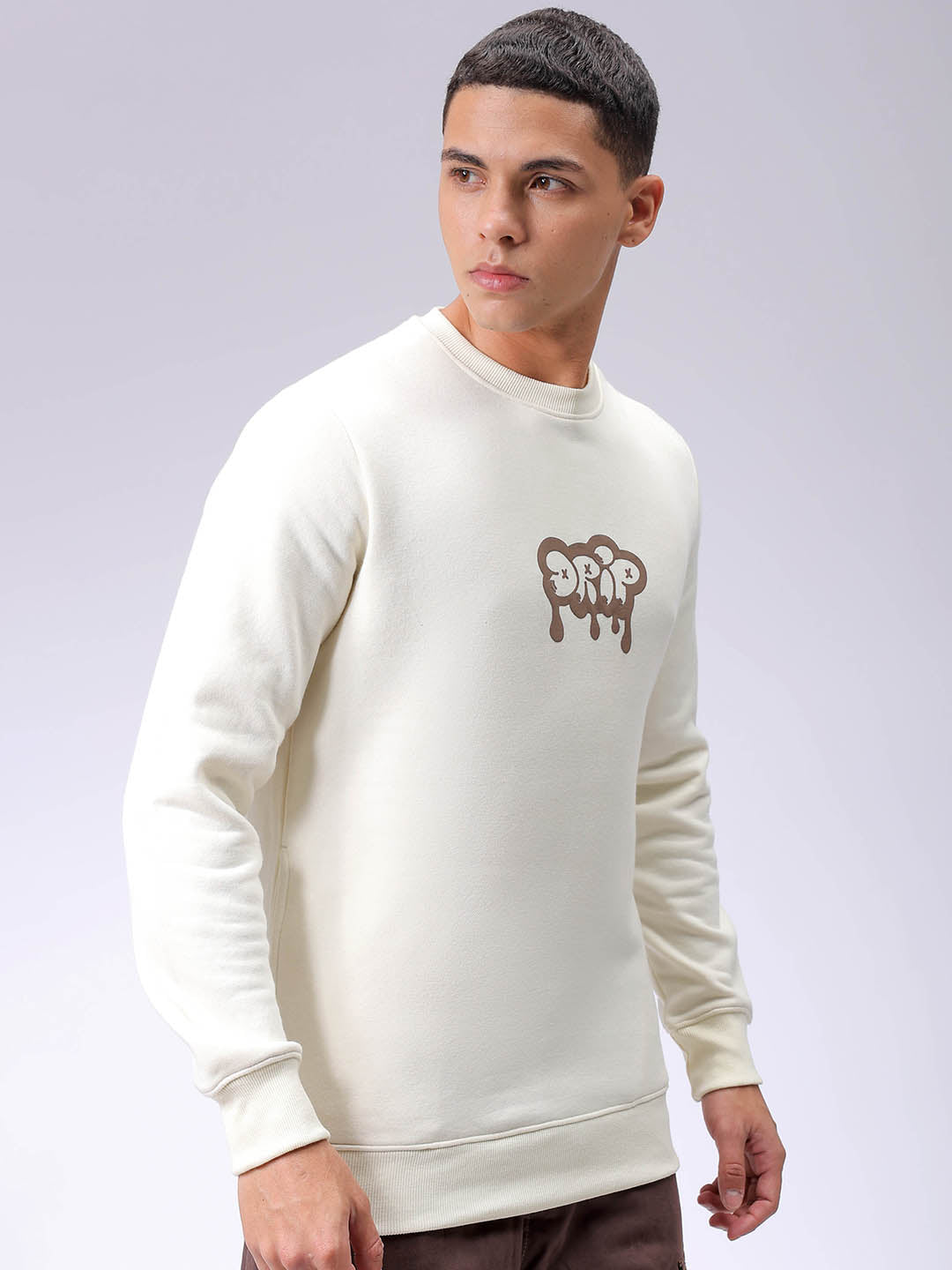 Men's Chalk Regular Fit Back Printed Overhead-Crewneck Sweatshirt