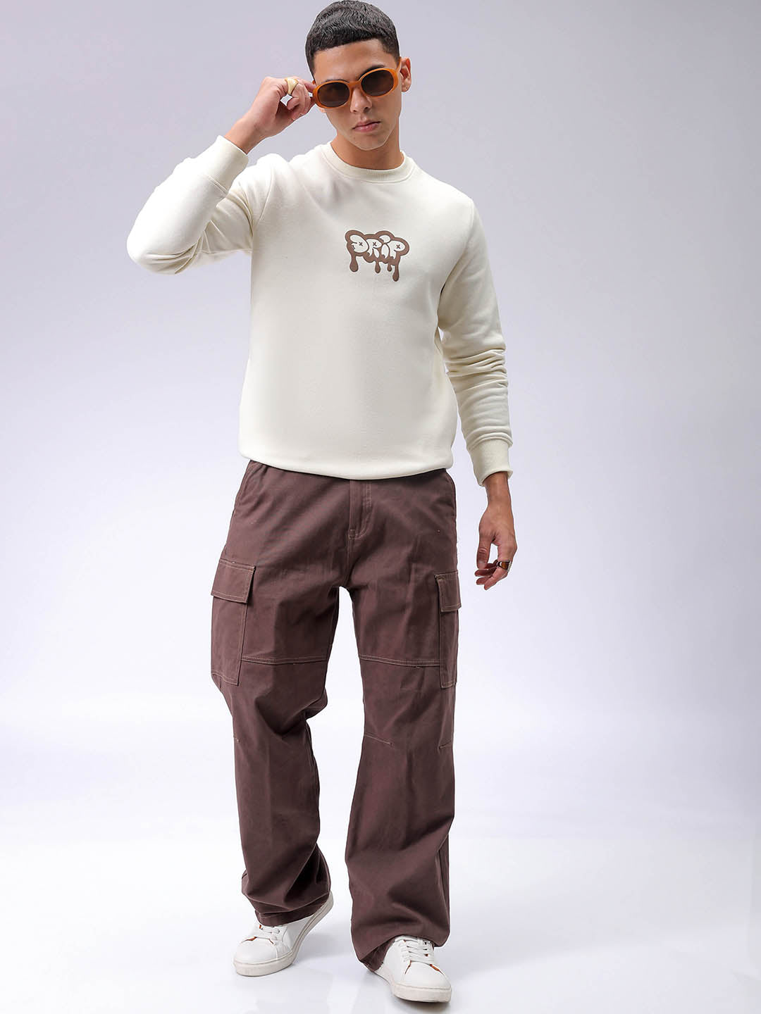 Men's Chalk Regular Fit Back Printed Overhead-Crewneck Sweatshirt