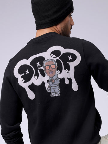 Men's Black Regular Fit Back Printed Overhead-Crewneck Sweatshirt
