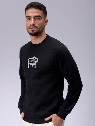 Men's Black Regular Fit Back Printed Overhead-Crewneck Sweatshirt