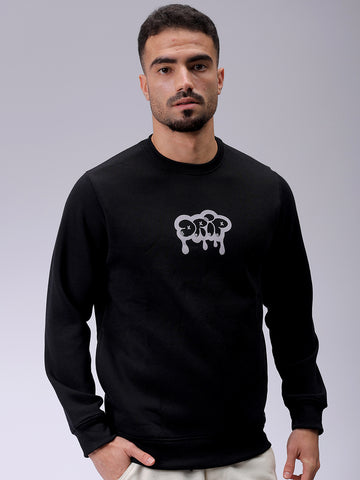 Men's Black Regular Fit Back Printed Overhead-Crewneck Sweatshirt