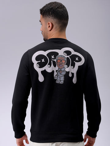 Men's Black Regular Fit Back Printed Overhead-Crewneck Sweatshirt