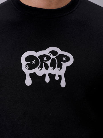 Men's Black Regular Fit Back Printed Overhead-Crewneck Sweatshirt