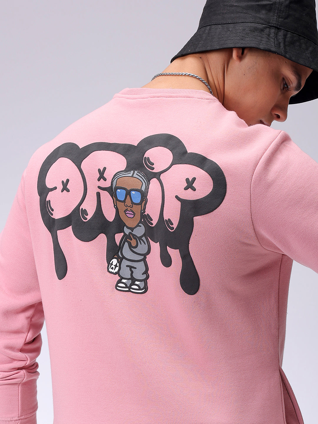 Men's Pink Regular Fit Back Printed Overhead-Crewneck Sweatshirt