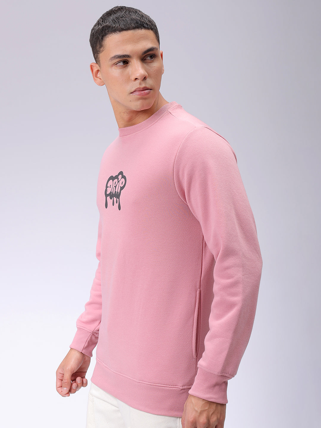 Men's Pink Regular Fit Back Printed Overhead-Crewneck Sweatshirt