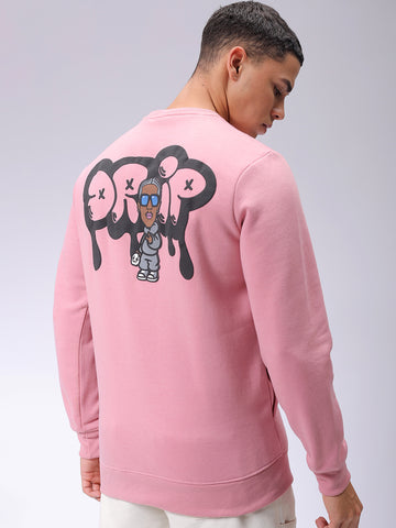 Men's Pink Regular Fit Back Printed Overhead-Crewneck Sweatshirt