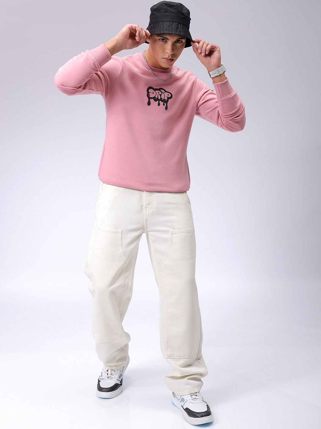 Men's Pink Regular Fit Back Printed Overhead-Crewneck Sweatshirt