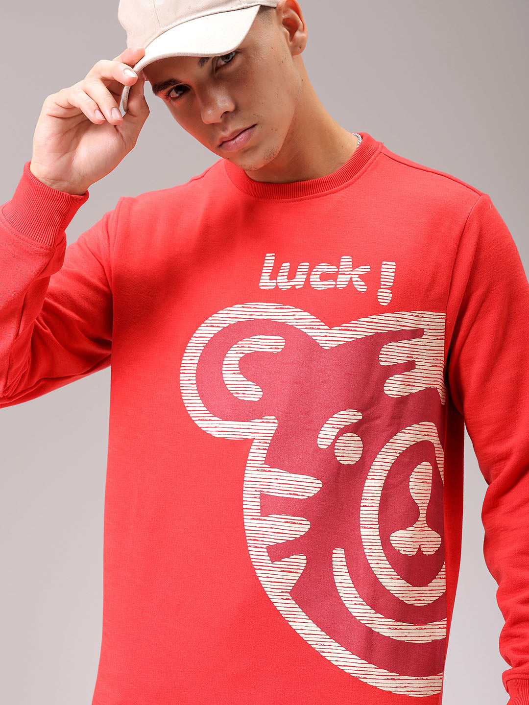 Men's Red Regular Fit Placement Printed Overhead Crewneck Sweatshirt