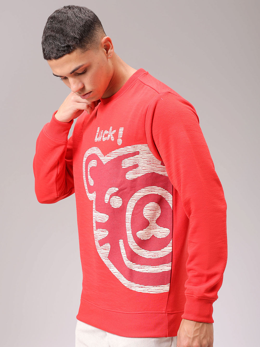 Men's Red Regular Fit Placement Printed Overhead Crewneck Sweatshirt