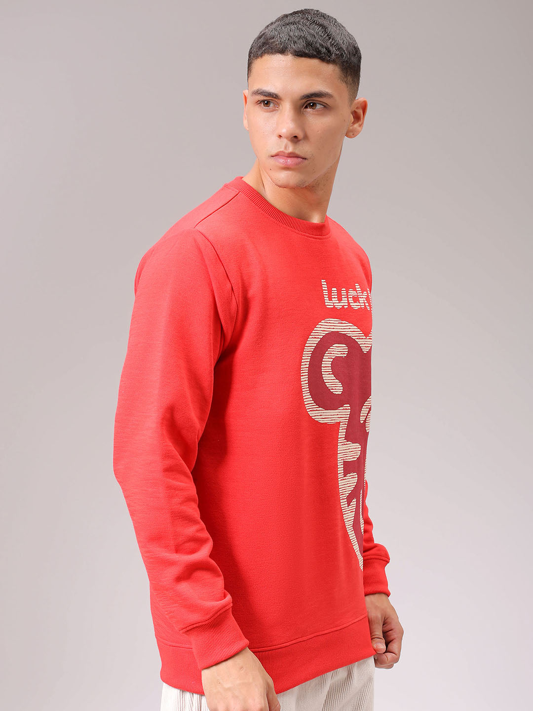 Men's Red Regular Fit Placement Printed Overhead Crewneck Sweatshirt