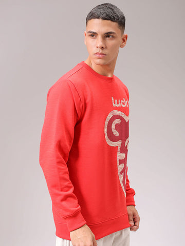 Men's Red Regular Fit Placement Printed Overhead Crewneck Sweatshirt