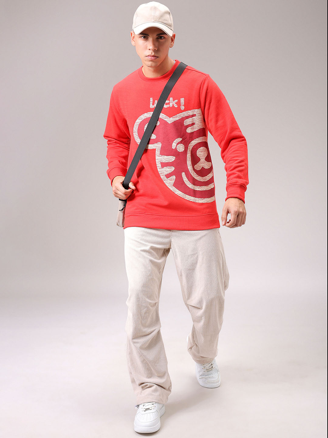 Men's Red Regular Fit Placement Printed Overhead Crewneck Sweatshirt