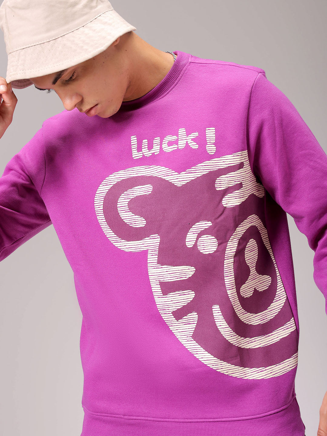 Men's Purple Regular Fit Placement Printed Overhead Crewneck Sweatshirt