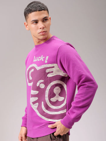 Men's Purple Regular Fit Placement Printed Overhead Crewneck Sweatshirt