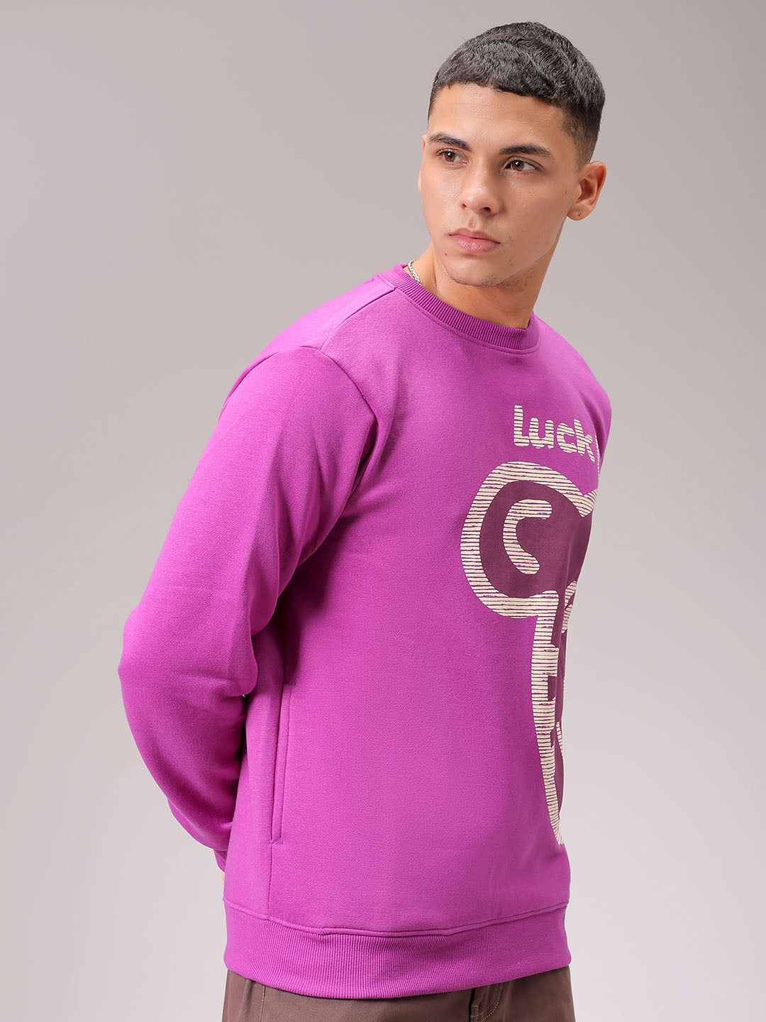 Men's Purple Regular Fit Placement Printed Overhead Crewneck Sweatshirt