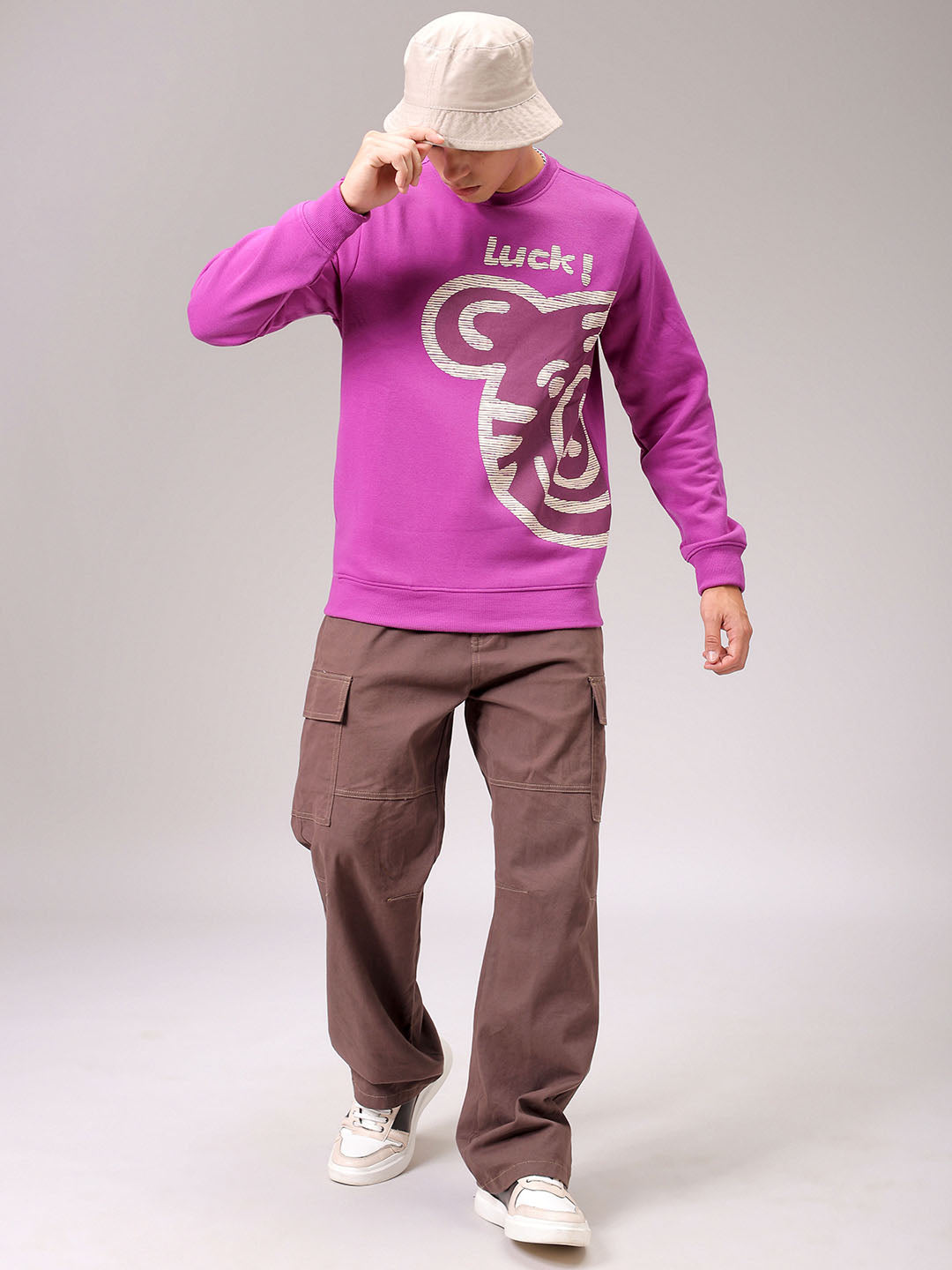 Men's Purple Regular Fit Placement Printed Overhead Crewneck Sweatshirt