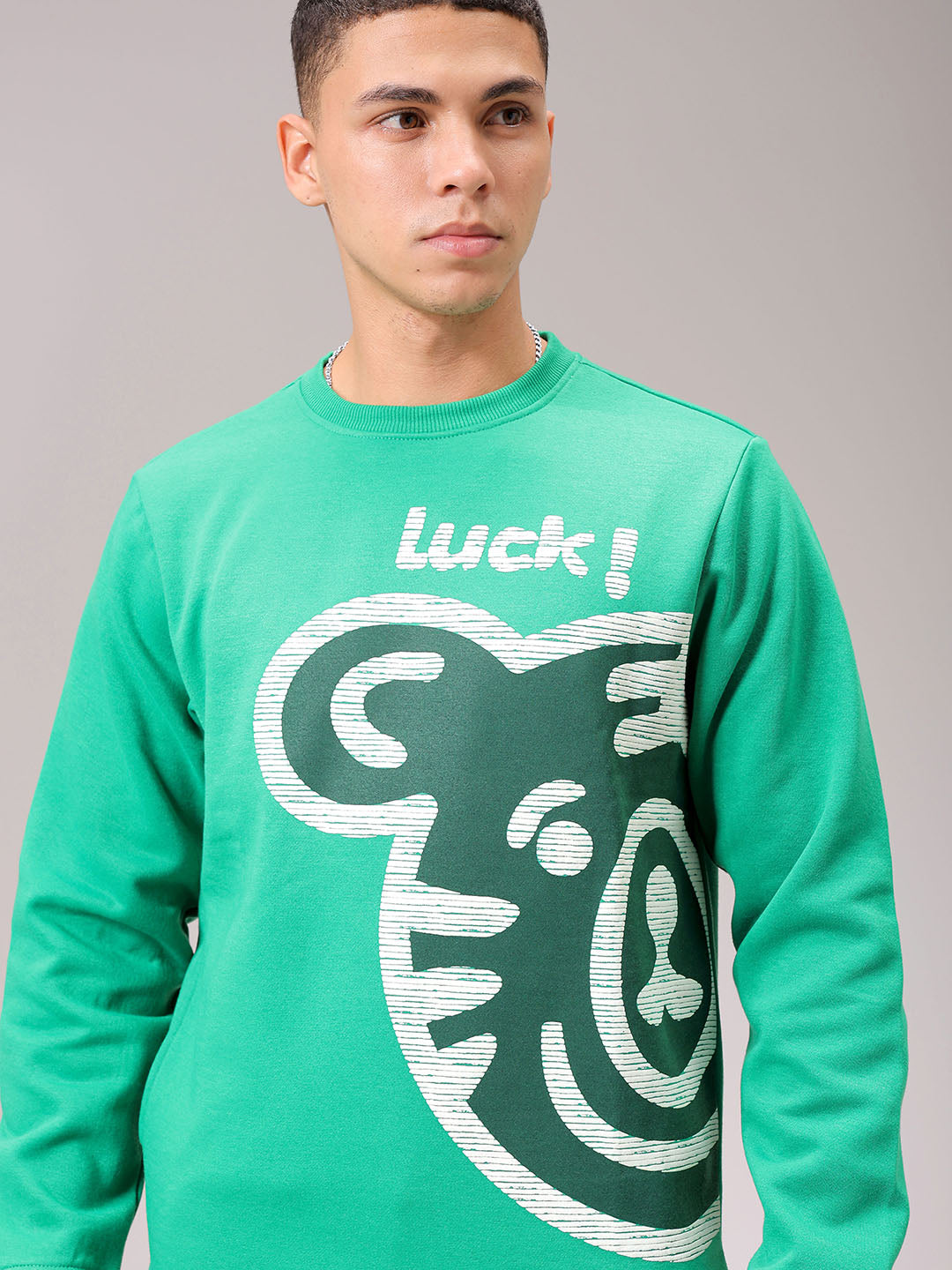 Men's Green Regular Fit Placement Printed Overhead Crewneck Sweatshirt