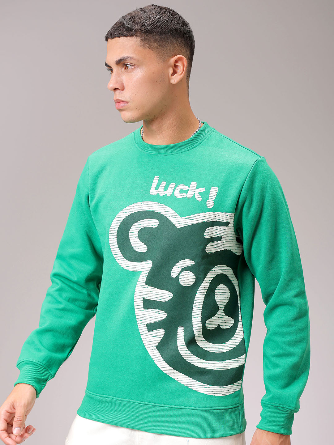 Men's Green Regular Fit Placement Printed Overhead Crewneck Sweatshirt