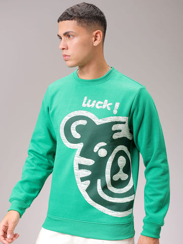 Men's Green Regular Fit Placement Printed Overhead Crewneck Sweatshirt