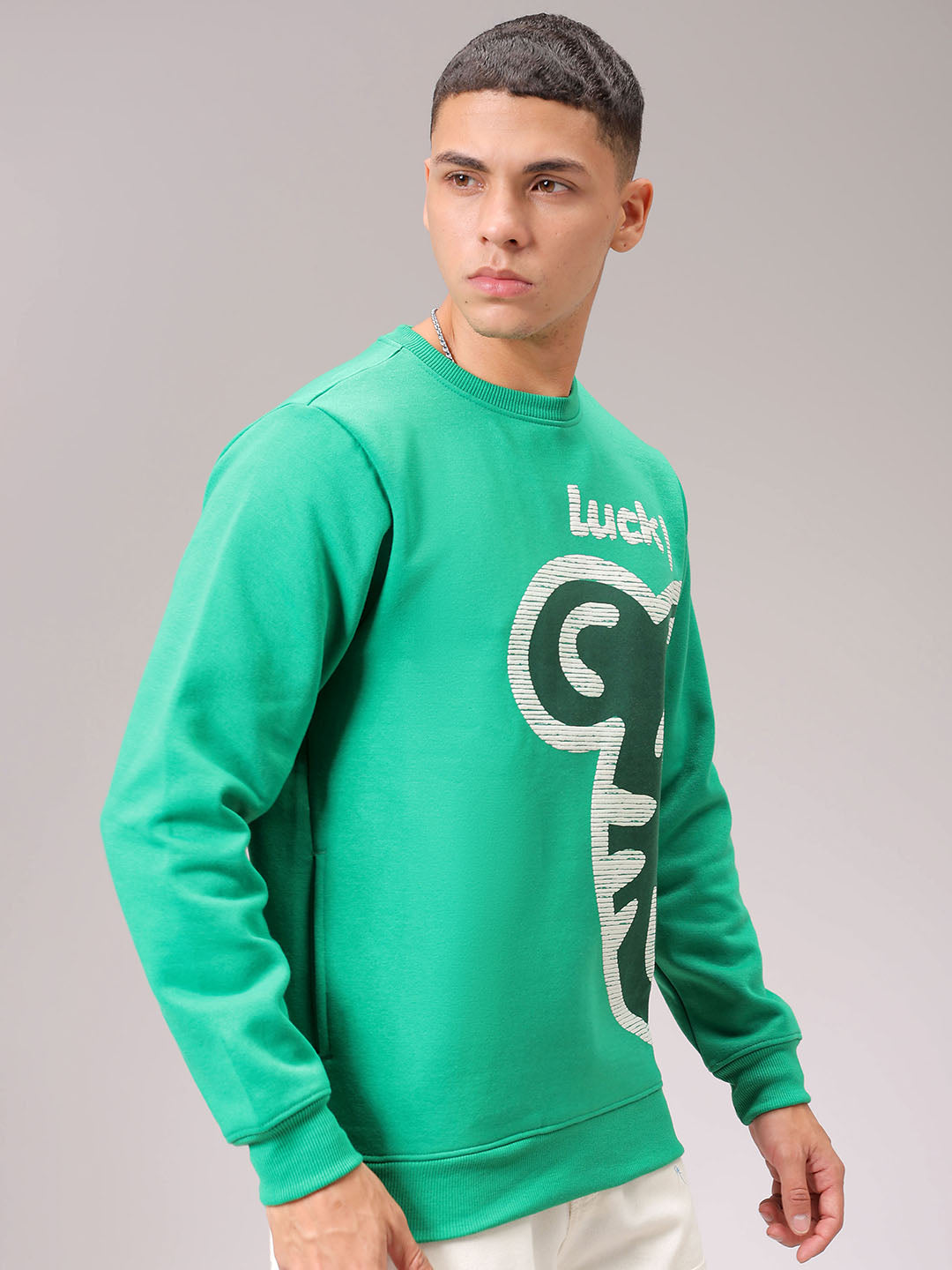 Men's Green Regular Fit Placement Printed Overhead Crewneck Sweatshirt
