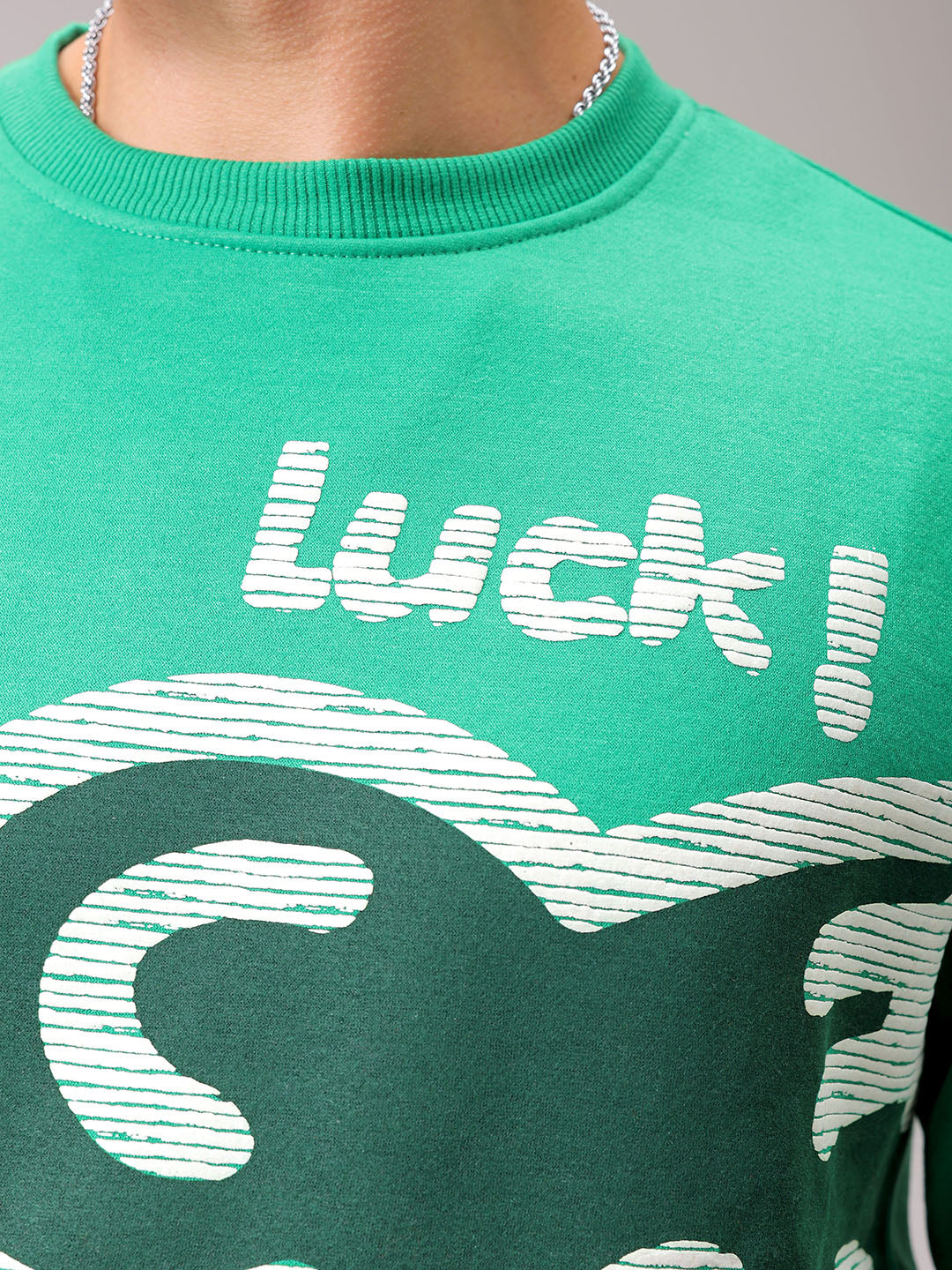 Men's Green Regular Fit Placement Printed Overhead Crewneck Sweatshirt