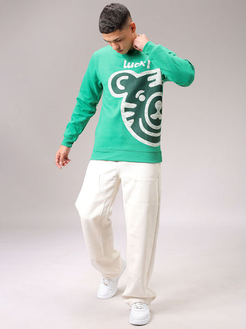 Men's Green Regular Fit Placement Printed Overhead Crewneck Sweatshirt