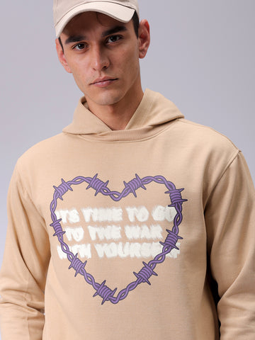 Men's Tan Regular Fit Placement Printed Overhead-Hooded Sweatshirt