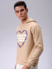 Men's Tan Regular Fit Placement Printed Overhead-Hooded Sweatshirt