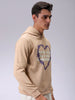 Men's Tan Regular Fit Placement Printed Overhead-Hooded Sweatshirt