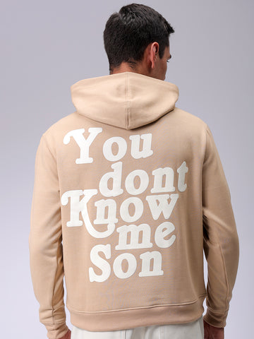 Men's Tan Regular Fit Placement Printed Overhead-Hooded Sweatshirt
