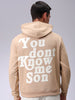 Men's Tan Regular Fit Placement Printed Overhead-Hooded Sweatshirt