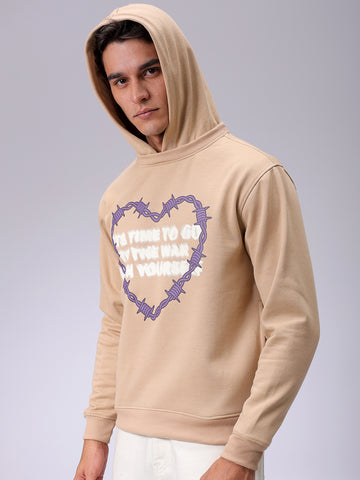 Men's Tan Regular Fit Placement Printed Overhead-Hooded Sweatshirt